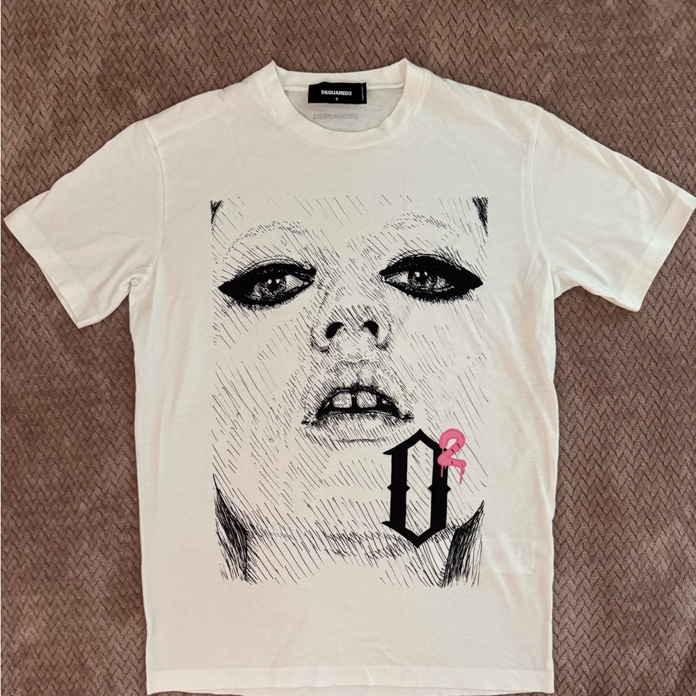 DSQUARED2 White Tee with Black and Pink Graphic